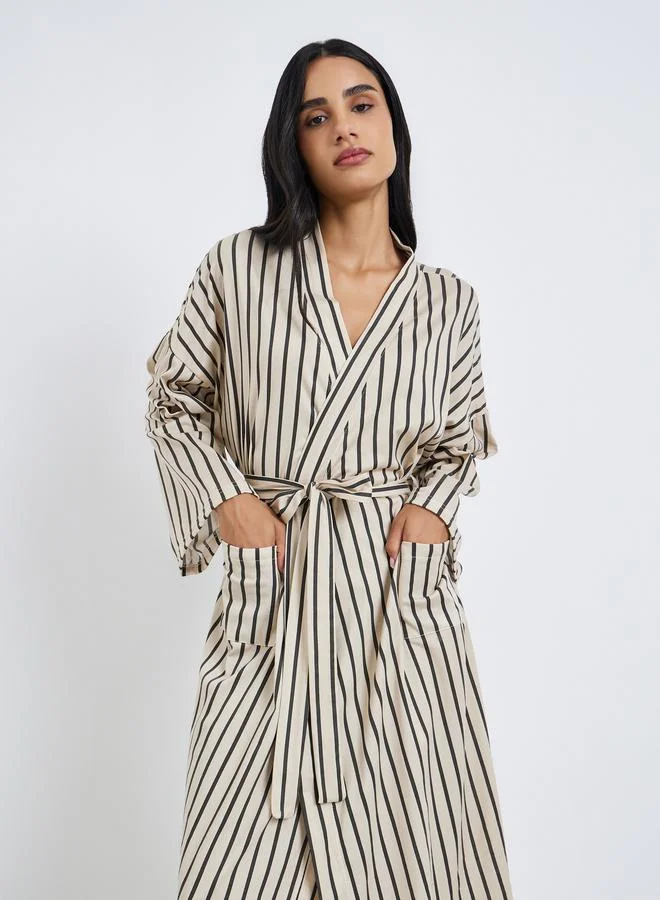 Styli  Beige Striped Long Sleeve Robe for Women | Best Price UAE